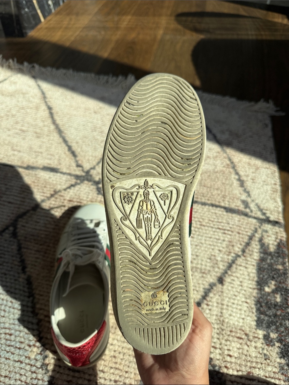 Gucci White Leather Sneakers with Green & Red Stripe and Gold Bee - Picture 5 of 7
